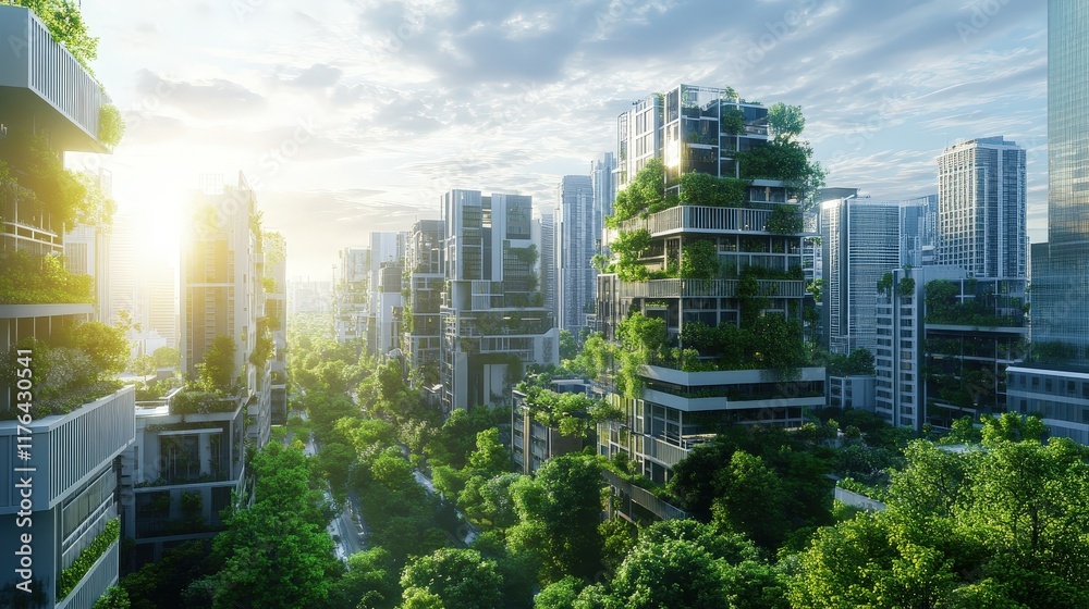 Modern Eco-Friendly Urban Neighborhood Embraced by Lush Greenery and Sunlight in a Vibrant Cityscape Modern Eco-Friendly Urban Neighborhood Embraced by Lush Greenery and Sunlight in a Vibrant Cityscape