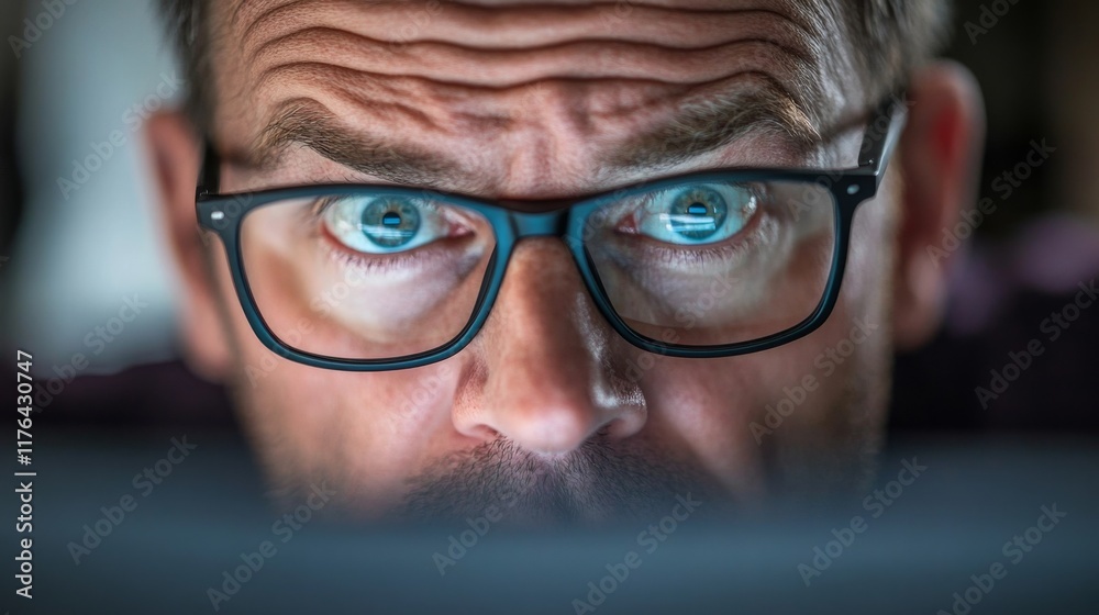 A man uses his computer with special glasses to help prevent blurred vision. A man uses his computer with special glasses to help prevent blurred vision.