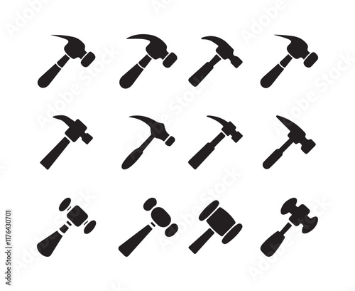 A set of different types of hammers on white background
