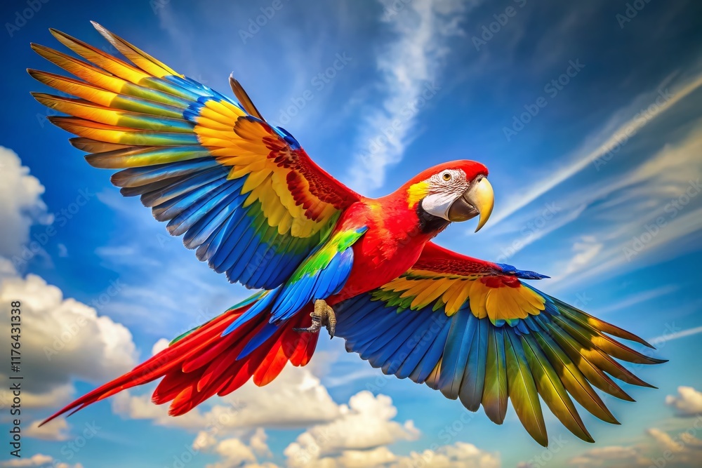 Fototapeta premium Vibrant Parrot in Flight, Aerial View, Colorful Feathers, Tropical Bird