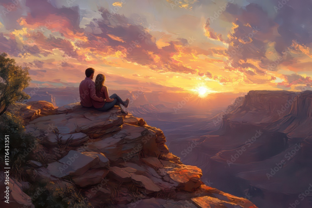 A couple sitting on a rocky outcrop, gazing at the sunset over a vast mountain range, with the sun's rays casting dramatic shadows. A couple sitting on a rocky outcrop, gazing at the sunset over a vast mountain range, with the sun's rays casting dramatic shadows.