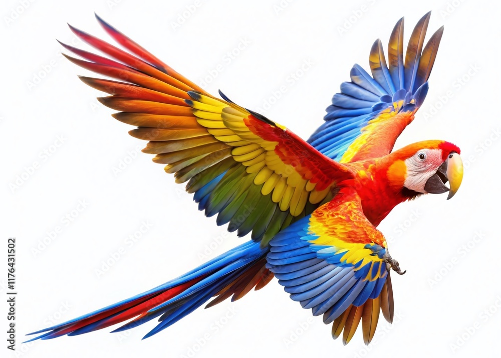 Obraz premium Vibrant Parrot in Flight: Colorful Bird on White Background
