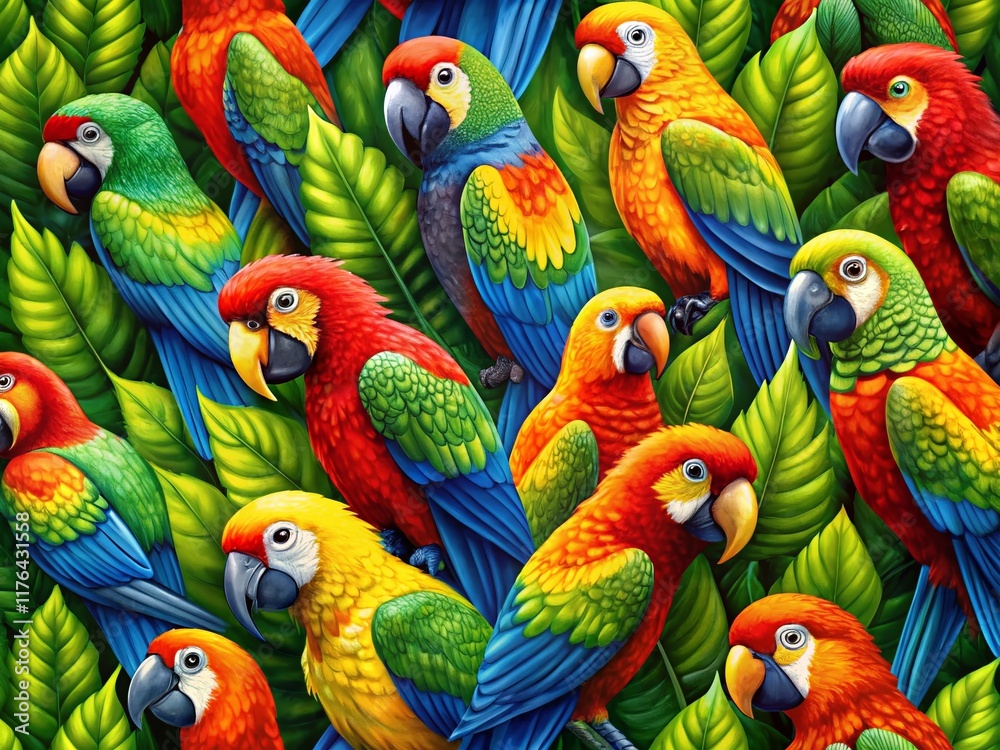 Naklejka premium Vibrant Parrot Pattern: Colorful Tropical Bird Wallpaper Stock Photo