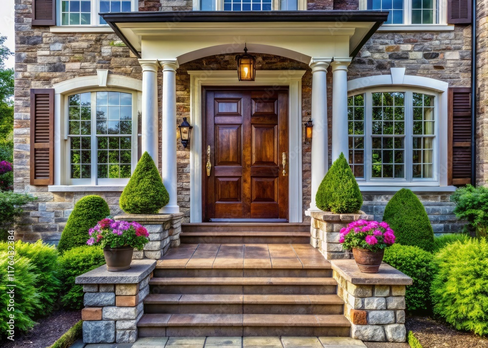 Obraz premium Macro view: rich brown door, stark white frame, aged stone steps leading to a welcoming house entrance.