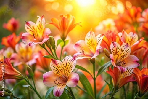 Vibrant Pink & Orange Alstroemeria Blooming in Warm Sunset Garden - Long Exposure Photography