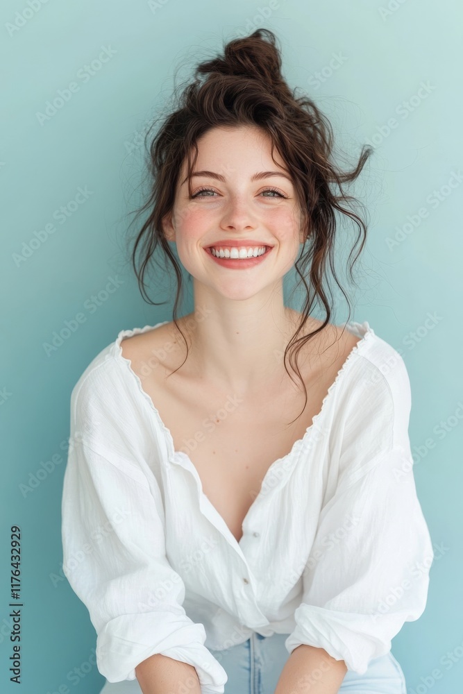 A young and happy woman smiles for the camera, standing against a light blue backdrop. A young and happy woman smiles for the camera, standing against a light blue backdrop.