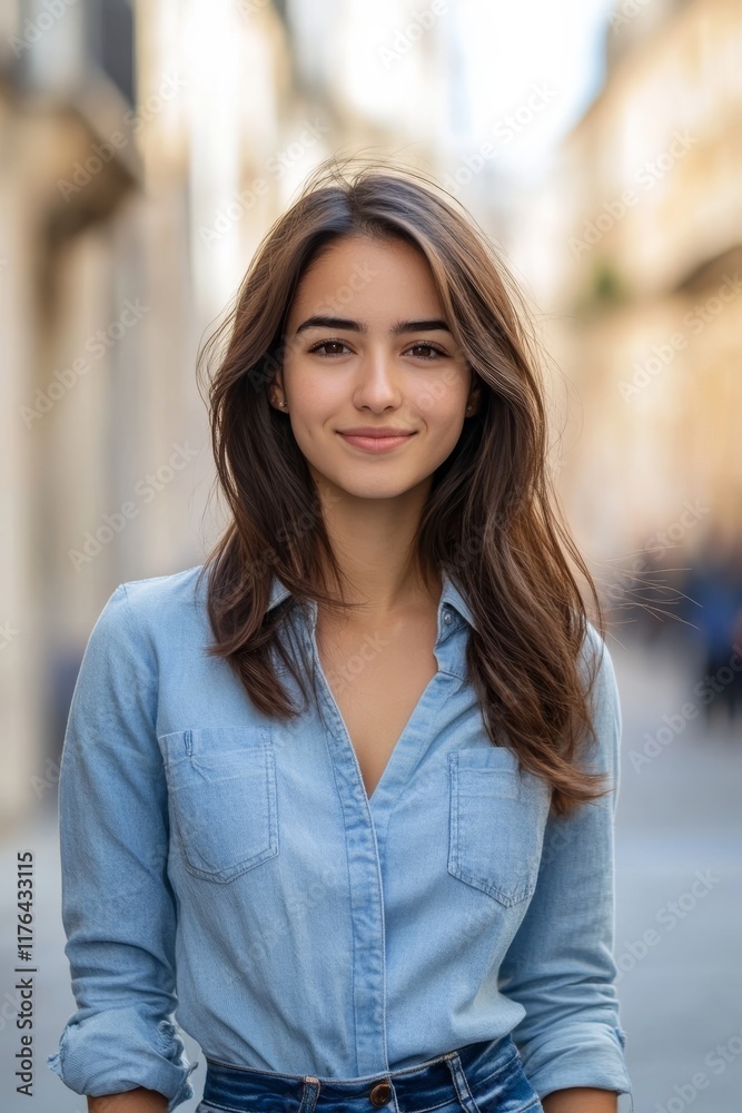 Confident young woman standing outdoors in a bustling city. Confident young woman standing outdoors in a bustling city.