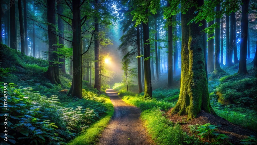 Obraz premium Night photography captures a dark forest trail's eerie beauty, a low-light nature scene.