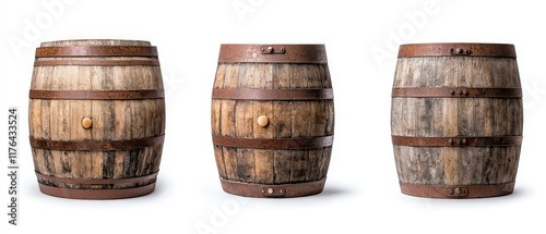 Rustic Wooden Barrels  Vintage Wine Casks  Aged Oak  Isolated  Brewery  Distillery  Alcoho photo