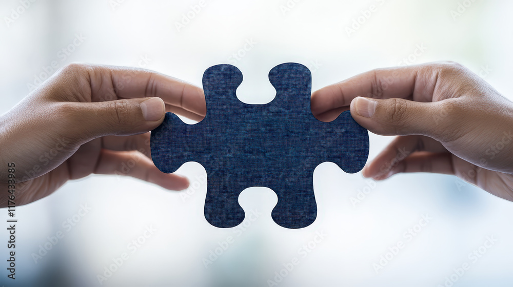 Hands holding puzzle piece, symbolizing connection and teamwork Hands holding puzzle piece, symbolizing connection and teamwork
