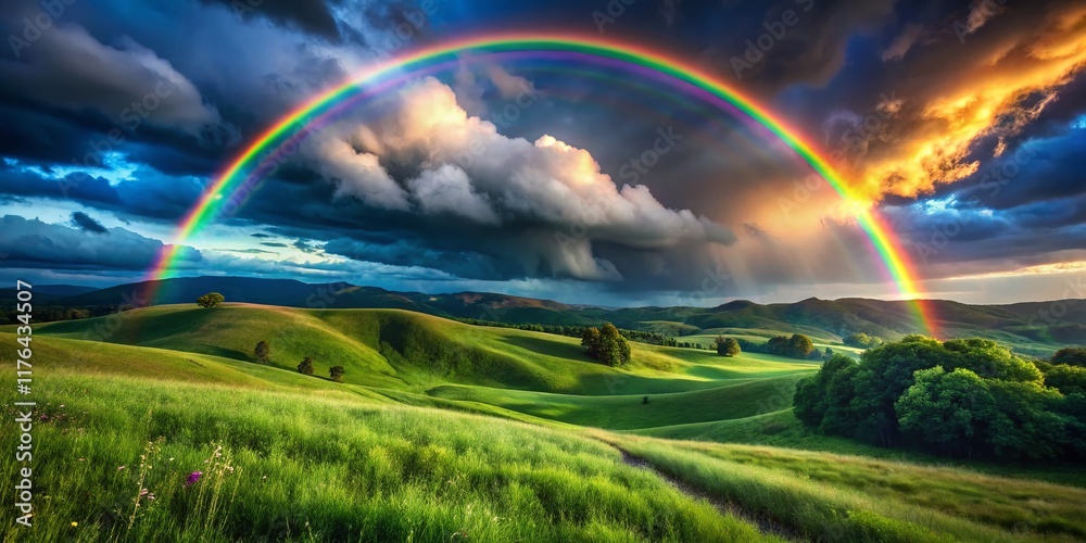 Obraz premium Vibrant Rainbow Arching Over Lush Green Hills and Dramatic Clouds - High Resolution Stock Photo