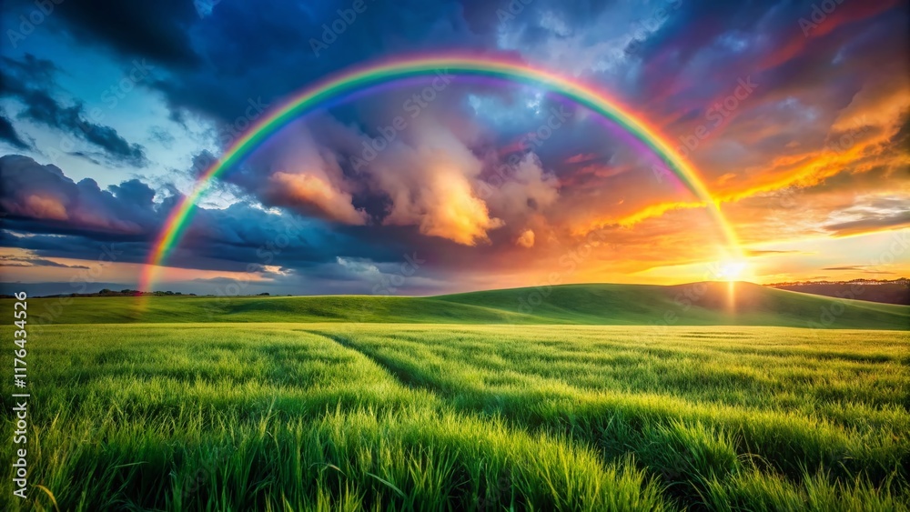 Vibrant Rainbow Arch Over Lush Green Field, High Depth of Field Vibrant Rainbow Arch Over Lush Green Field, High Depth of Field