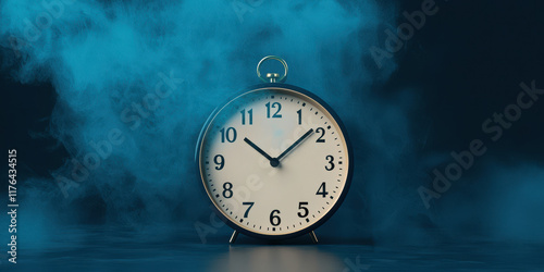 Obraz na płótnie Vintage alarm clock surrounded by blue smoke, creating mysterious atmosphere w salonie