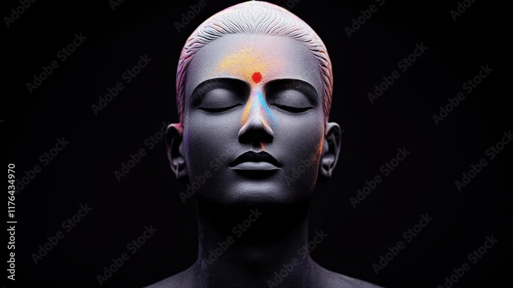 Holi spirituality concept. Serene figure with colorful accents against a dark background. Holi spirituality concept. Serene figure with colorful accents against a dark background.
