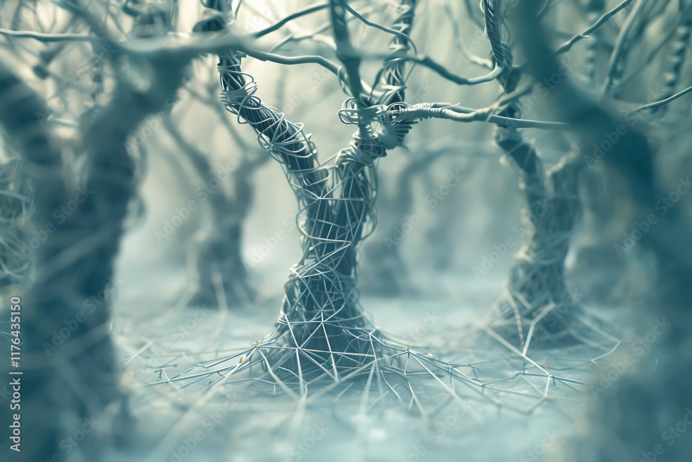 Naklejka premium Closeup of a miniature forest scene featuring intricately twisted wire trees. A hazy, ethereal atmosphere pervades the image, creating a mystical and slightly unsettling mood. The detail in the wire w
