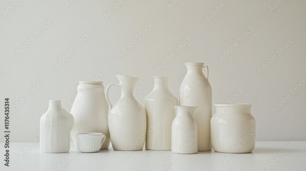 a group of white vases and jars on a table a group of white vases and jars on a table