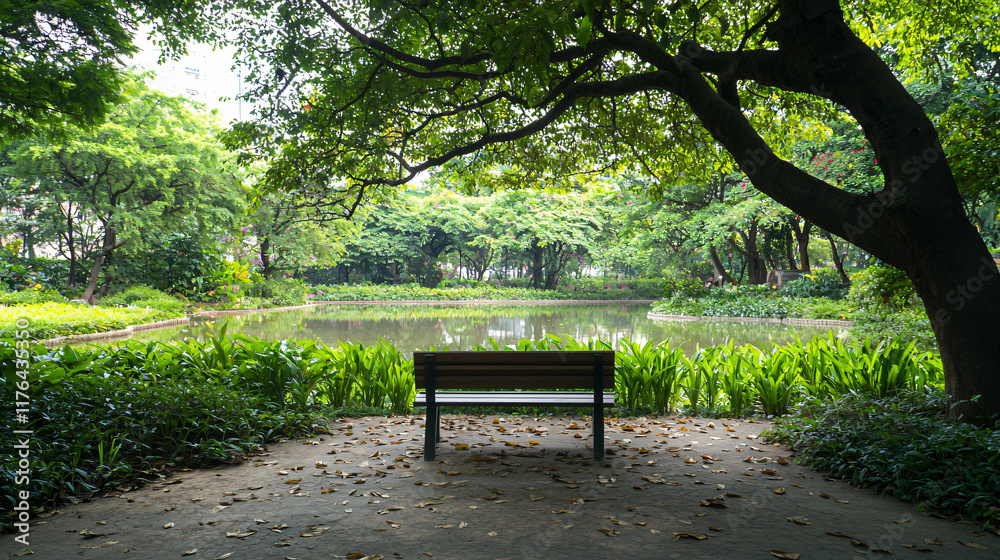 serene public garden view showcasing tranquil pond surrounded by lush greenery and wooden bench inviting relaxation. peaceful atmosphere encourages reflection and calm serene public garden view showcasing tranquil pond surrounded by lush greenery and wooden bench inviting relaxation. peaceful atmosphere encourages reflection and calm