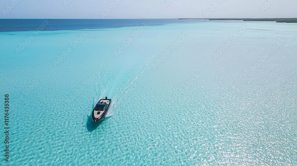 Naklejka premium sleek speedboat gliding through crystal clear waters, surrounded by serene blue hues and tranquil seascape. perfect escape into nature beauty