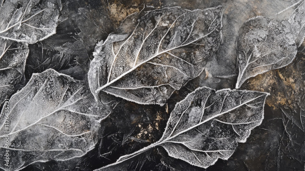 Close-up image of icy leaves showcasing the intricate designs of veins and ice crystals, marking the arrival of winter after autumn. Close-up image of icy leaves showcasing the intricate designs of veins and ice crystals, marking the arrival of winter after autumn.