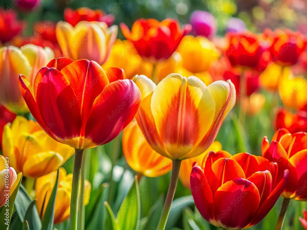 Vibrant Red and Yellow Tulips Blooming in Spring Garden Vibrant Red and Yellow Tulips Blooming in Spring Garden
