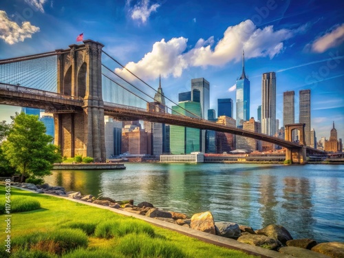 High-DOF Brooklyn Bridge Park captures Manhattan's stunning skyline and the iconic Manhattan Bridge. photo