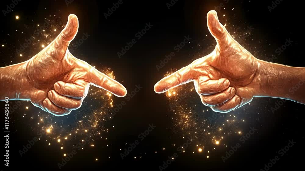 Expressive sign language gestures with sparkling effects and dark background