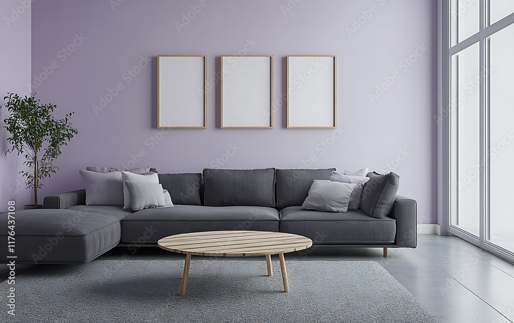 Fototapeta premium Modern living room interior with blank frames, sofa, and table. (2)