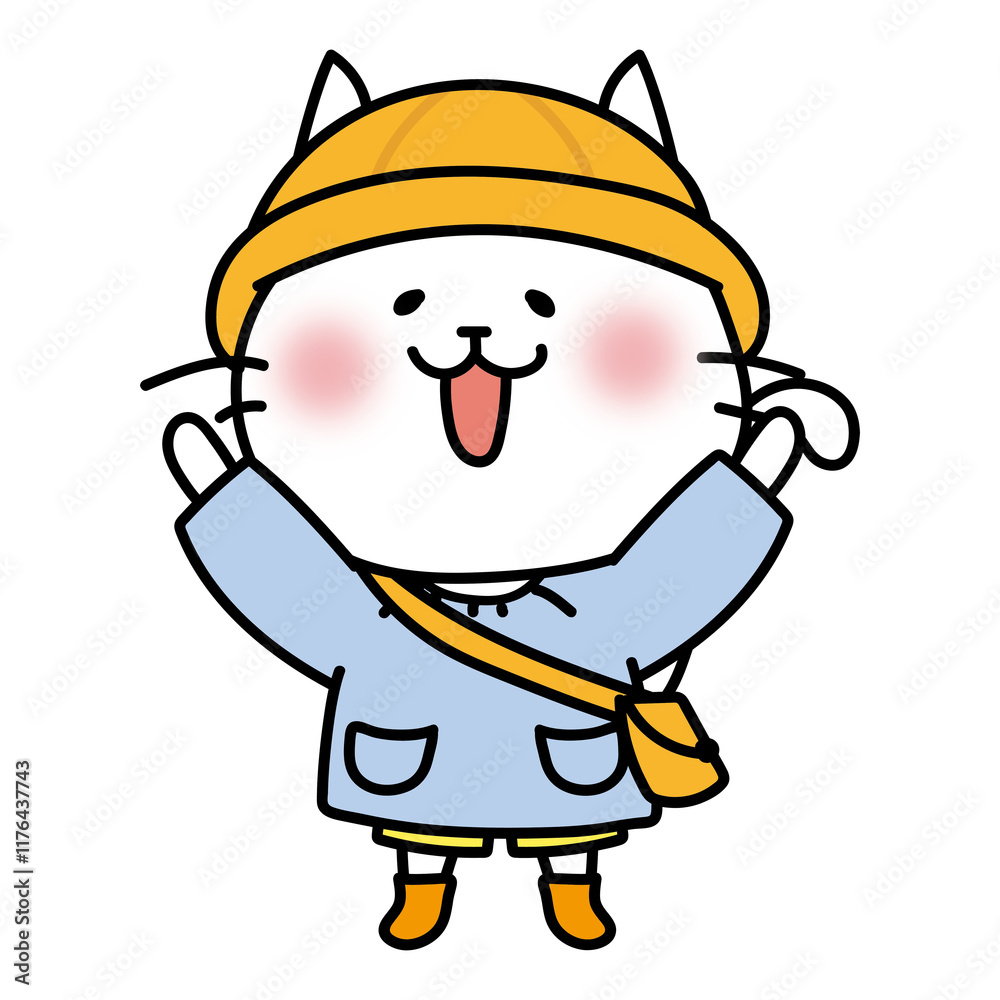 Fototapeta premium 通園帽子と通園バッグを持っている白い猫