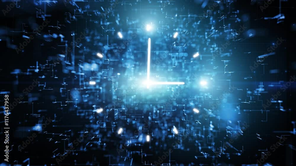 Abstract blurred digital network with loop analog time clock animation.