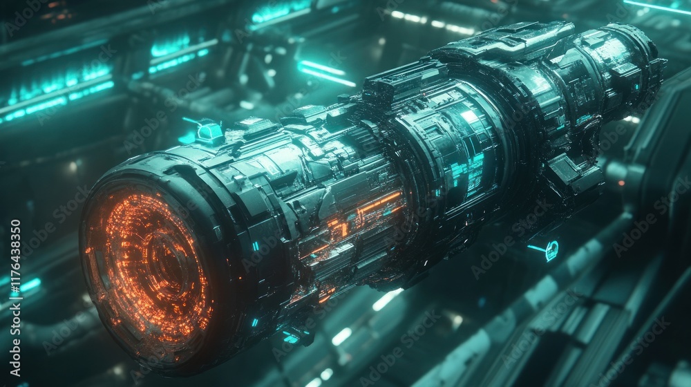 A futuristic cylindrical spacecraft with glowing elements, suggesting advanced technology. A futuristic cylindrical spacecraft with glowing elements, suggesting advanced technology.