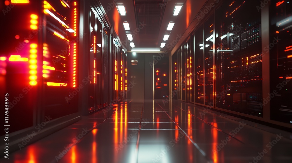 A Room with Dark Servers and Computers with Orange and Blue Lighting in a Data Center – Technology Concept
A Room with Dark Servers and Computers with Orange and Blue Lighting in a Data Center – Technology Concept