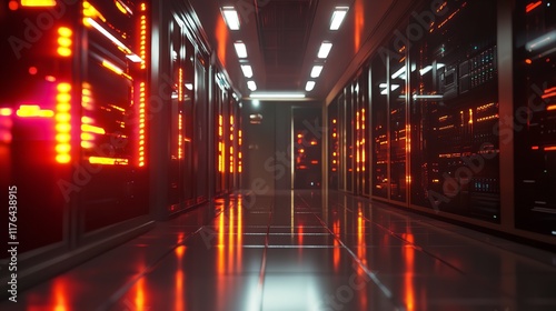 A Room with Dark Servers and Computers with Orange and Blue Lighting in a Data Center – Technology Concept

 photo