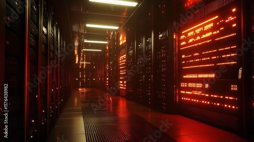 A Room with Dark Servers and Computers with Orange and Blue Lighting in a Data Center – Technology Concept

 photo