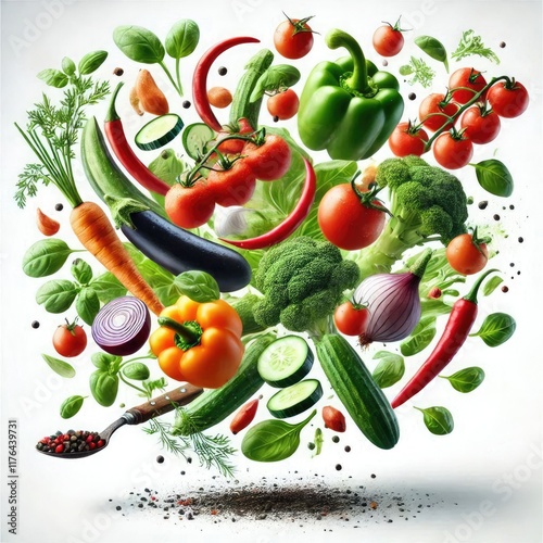 Abstract digital artwork of flying vegetables on a white background. Features tomatoes, peppers, cucumbers, zucchini, bananas, and pasta with vibrant colors, glossy textures, and dynamic swirls