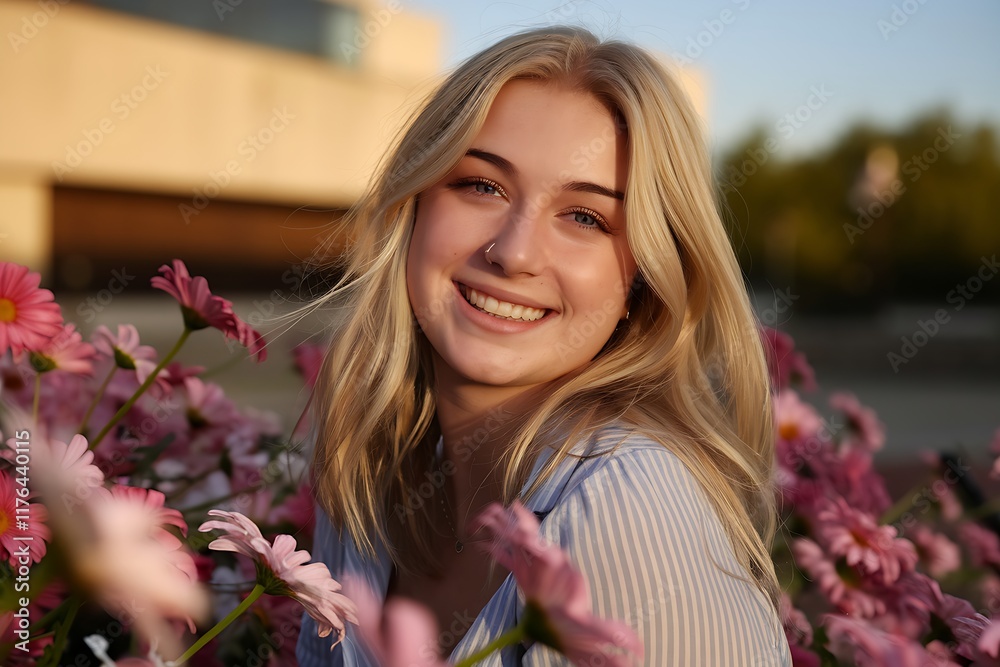 Golden Hour Portrait of a Smiling Blonde Woman Amidst Pink Flowers Golden Hour Portrait of a Smiling Blonde Woman Amidst Pink Flowers
