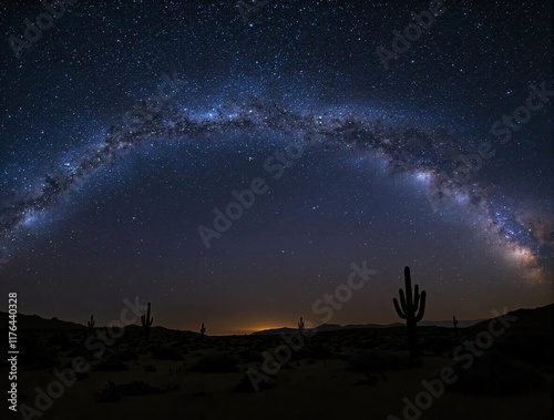 Milky Way Arch Over Desert Landscape with Silhouetted Cacti at Night photo