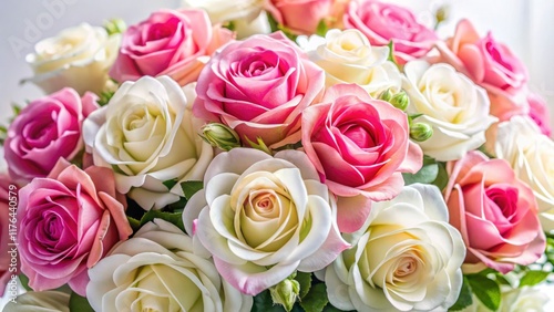 Beautiful artificial pink and white rose bouquet.  A pristine white background enhances the fake flowers' delicate beauty in this still life.
