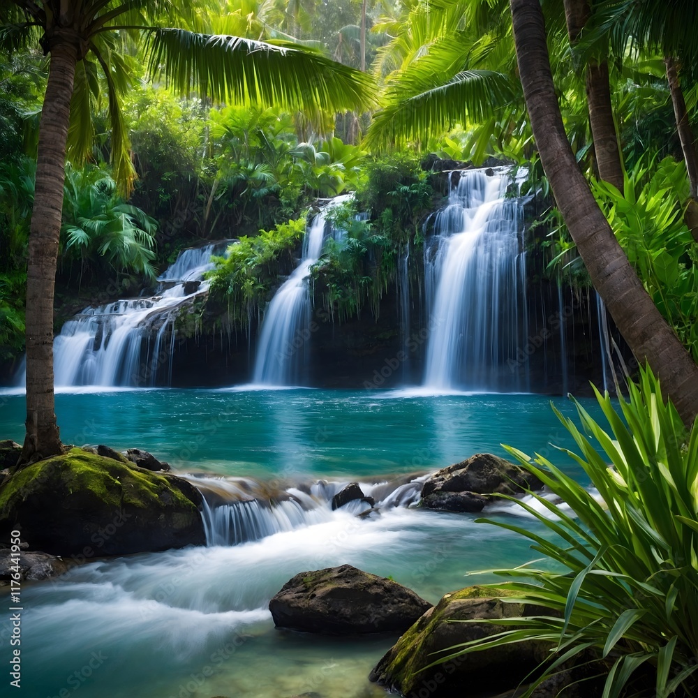 Obraz premium Peaceful Escape: Caryota Palms and Waterfall in a Lush Oasis