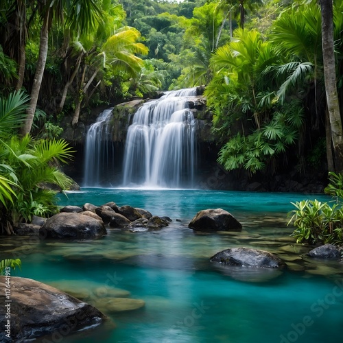 Serene Retreat: Caryota Palms Amidst Cascading Waters and Lush Greenery
