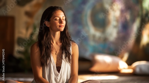 Relaxed woman meditating in a sunlit room. photo