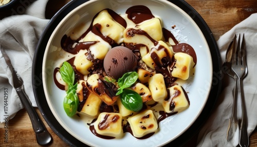 Delicious Baked Gnocchi Sorrentina with Chocolate Sauce and Basil Garnish Delight photo