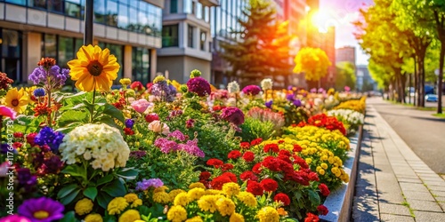 Vibrant Summer Flowerbed Cityside: Lush Blooms Near Pedestrian Walkway photo