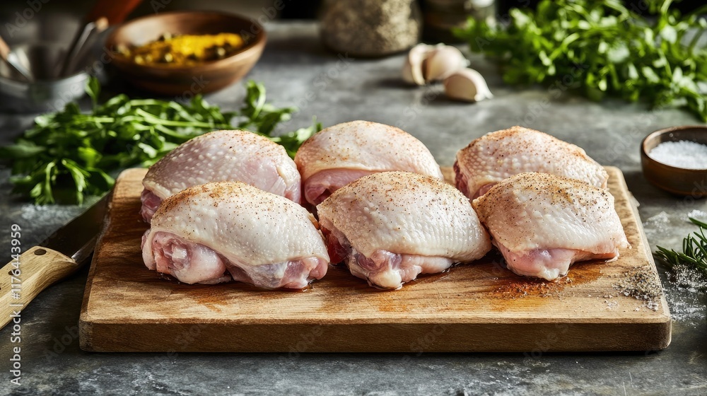 Fresh Chicken Thighs on Wooden Cutting Board Surrounded by Fresh Herbs and Spices Ready for Cooking in Rustic Kitchen Setting Fresh Chicken Thighs on Wooden Cutting Board Surrounded by Fresh Herbs and Spices Ready for Cooking in Rustic Kitchen Setting