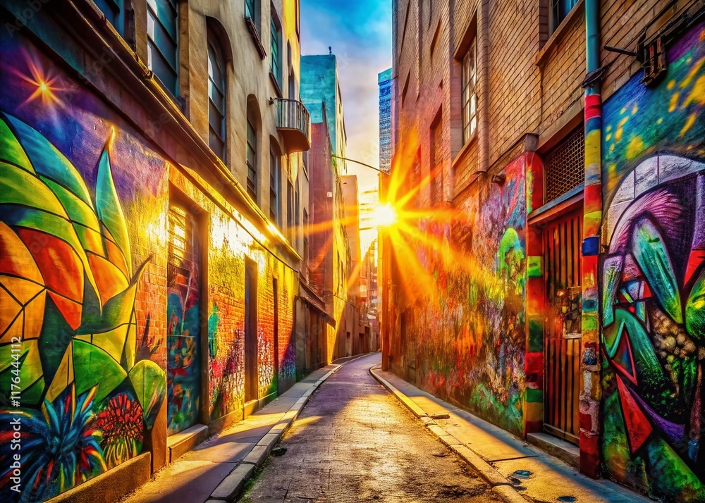 Fototapeta premium Vibrant Summer Urban Exploration: Colorful Graffiti Walls & Street Art Wallpaper