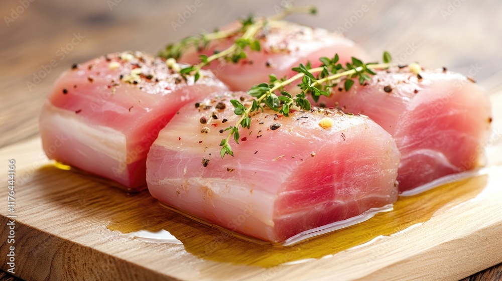 Fresh and Delicious Raw Fish Fillets Seasoned with Herbs and Olive Oil, Perfect for Healthy Cooking and Gourmet Recipes on a Wooden Cutting Board Fresh and Delicious Raw Fish Fillets Seasoned with Herbs and Olive Oil, Perfect for Healthy Cooking and Gourmet Recipes on a Wooden Cutting Board