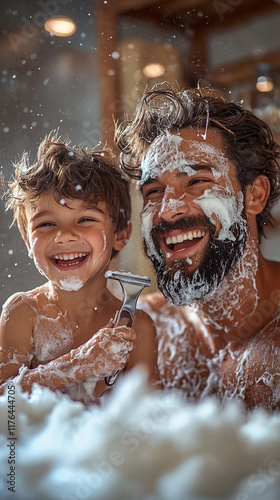 Happy Father and Son Shaving with Foam in Bathroom