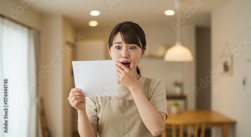 手紙 通知 請求書 答案用紙 を片手に驚愕の表情を浮かべる若い主婦の上半身ポートレートLetter, notice, bill, answer sheet in hand, upper body portrait of a young housewife with a startled expression on her face. photo