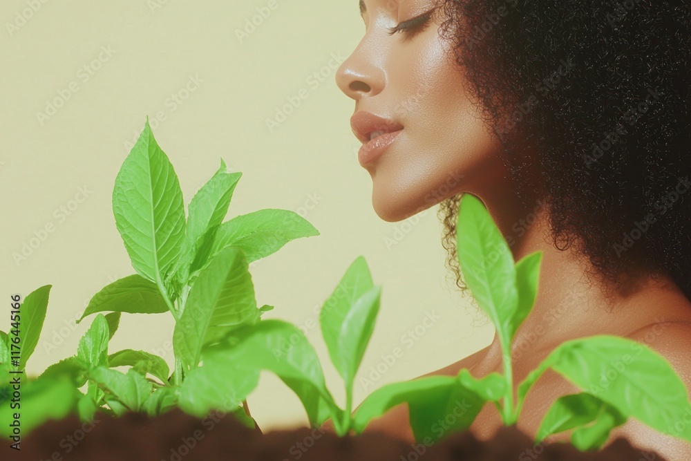 Women's day motivation concept. A woman admires young plants in a serene, natural setting. Women's day motivation concept. A woman admires young plants in a serene, natural setting.