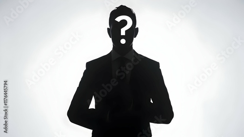 Black silhouette of a businessman with a white question mark on his chest, isolated on a white background