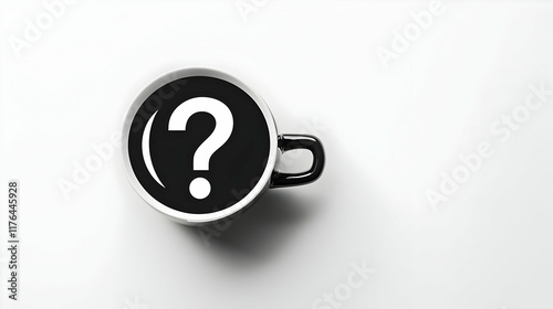 Black silhouette of a coffee cup on a white background with a white question mark above it